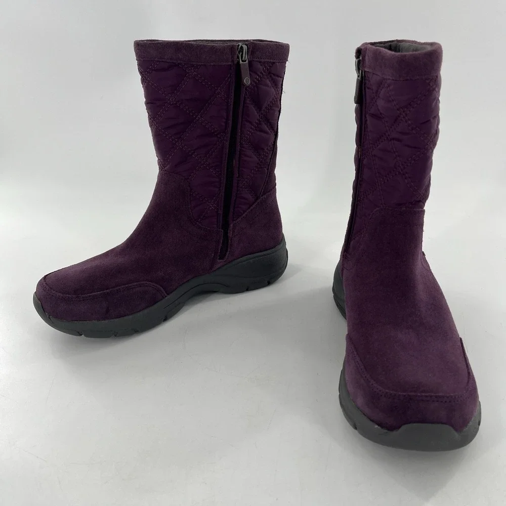 Lands End Snow Boots Suede Leather‎ Calf Womens 7 B Purple Quilted Fleece Lined